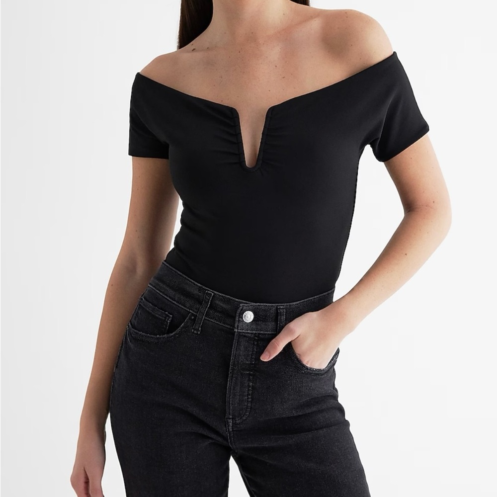 Express body contour compression off the shoulder bodysuit
